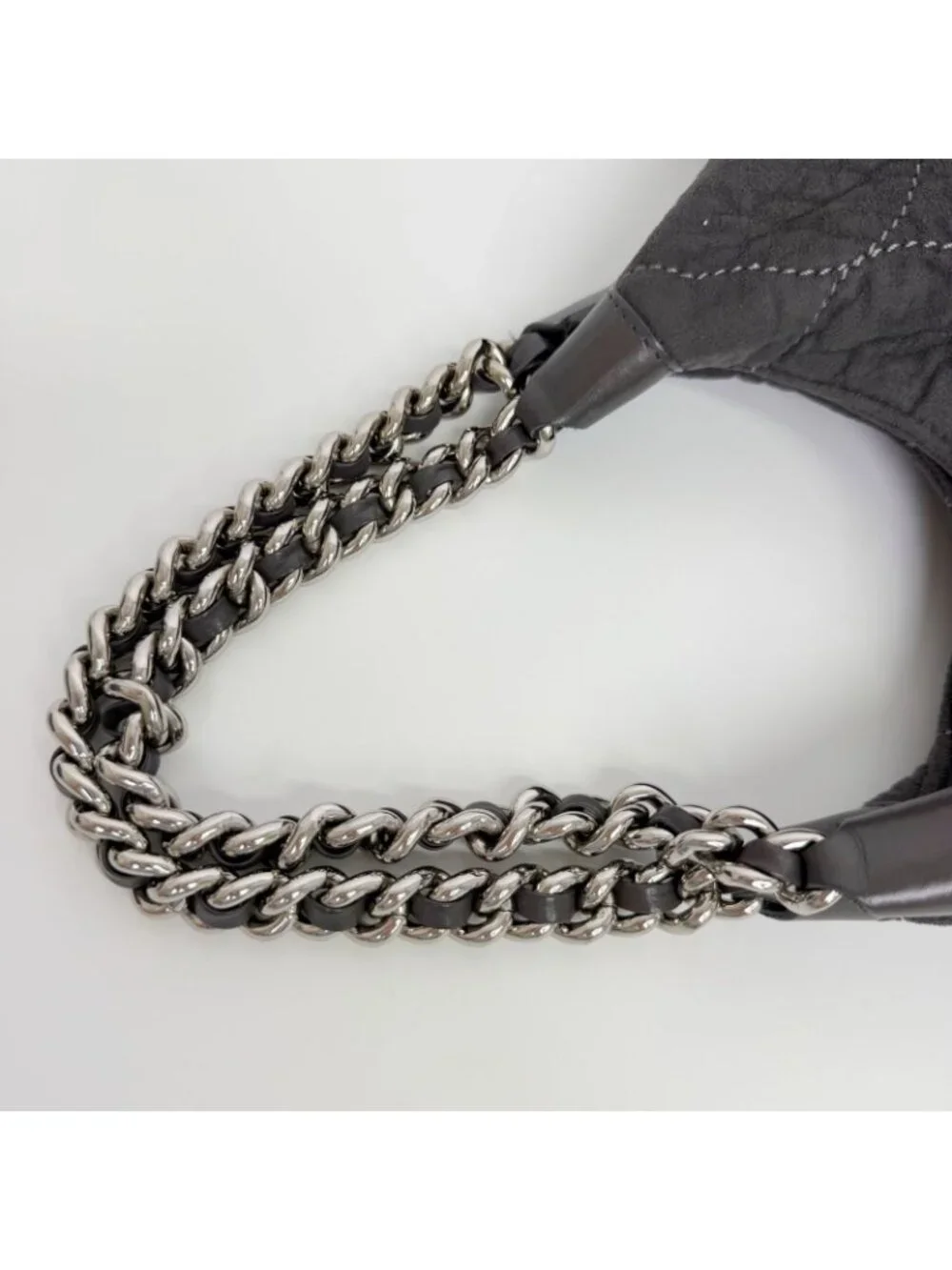 Chanel Sports Line CC Logo Chain Shoulder Bag Suede Leather Gray Silver Vintage